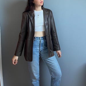 Genuine Leather Blazer in Brown - Size Medium - Minimalist Real Leather Coat Minimalist Style Fitted Real Leather Jacket with Notched Lapel