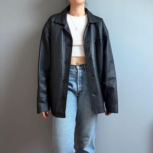 Vintage Leather Jacket in Black - Size M-L - Unisex Black Genuine Leather Coat - Classic Minimalist Streetwear Style