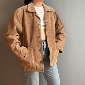 Vintage Suede Leather Jacket - Size Large - Beige Suede Coat Suede Button Down Collared Camel Brown Jacket Button Up