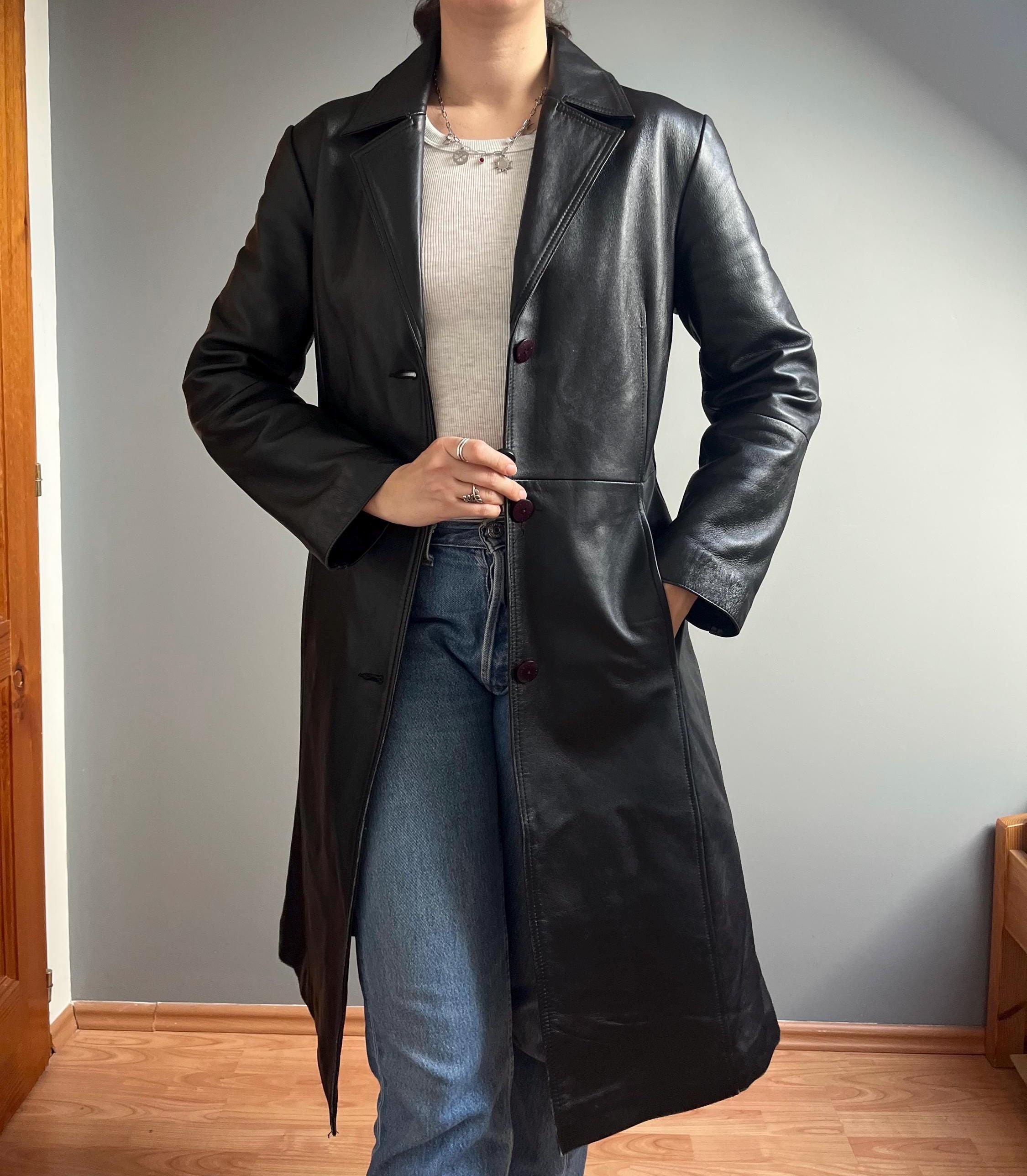 90s real leather car coat レザージャケット ブラック Vintage Black Real Leather Trench Coat for Women – Classic Long