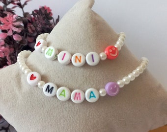 Personalized Bracelets for Mom/Child, Set of 2 name bracelets, Mama Mini Braceclet Primary School Gift, First Day of Kindergarten