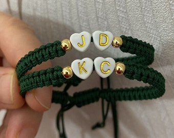 Bracelets de perles coeur personnalisés pour couple, lot de 2 bracelets initiales, bracelet assorti, cadeau pour elle/lui