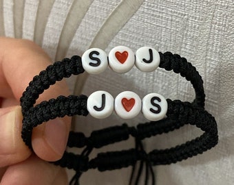 Set of 2 Custom Couple Initial Bracelets with Love Heart, Personalized Partners Bracelets with Red Heart