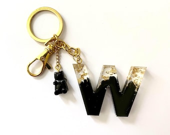 Gold Glitter Resin Halloween Keychain / Black Keychain with Little Teddy Bear / Gift For Her / Letter Keyring / Custom Handmade Keychain