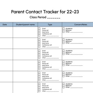 Pode incluir: Um rastreador de contato com os pais para o ano letivo de 22-23. O documento inclui seções para data, nome do aluno/pai, tipo de contato e preocupações/observações.