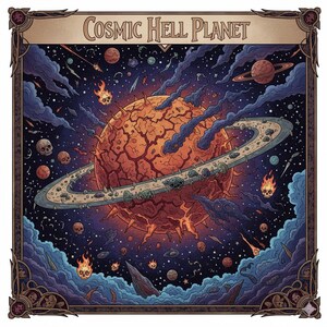 Puede incluir: Ilustración titulada "Cosmic Hell Planet" que representa un planeta ardiente con un anillo de calaveras y asteroides sobre un fondo estrellado. La obra presenta un borde detallado y una paleta de colores naranja, azul y morado.