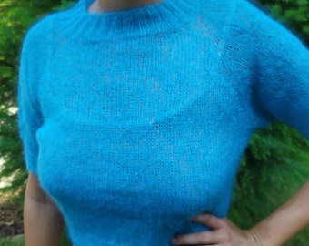 Short-Sleeved Hand-Knitted Mohair Jumper in Azure Blue (75% Mohair)
