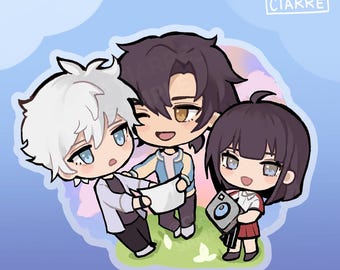 May include: Three cartoon characters, two male and one female, are standing together. The male character on the left has white hair and is wearing a white shirt and black trousers. The male character on the right has dark hair and is wearing a blue and white shirt and blue trousers. The female character has dark hair and is wearing a red and white shirt and a blue and white skirt. She is holding a blue and white camera.