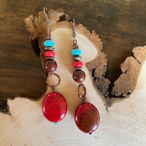 Red drop dangle earrings | christmas Earring | colourful bead hoops | vampire drop earring | heishi Creole hoops |very long earring