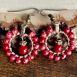Scarlet Red Sea Sediment Imperial Jasper Boho Earrings, Red Stone Wire Wrapped Earrings, Colorful Stone Boho Earrings