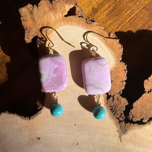 Genuinely purple rectangular and tuiqoise teardrop Earrings, unique handmade rectangular earrings, festive earrings, purple dangle earrings