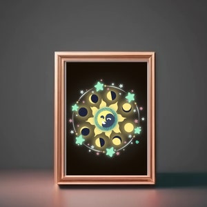 May include: A framed print with a black background and a yellow and white sun with a crescent moon inside. The sun is surrounded by a circle of stars and crescent moons in various phases.