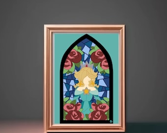 May include: A stained glass window design featuring a princess in a blue dress with a crown and stars, surrounded by red roses.