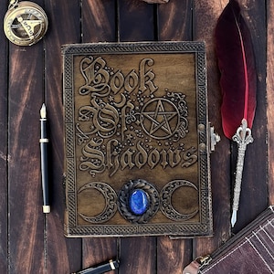 Book Of Shadows Leather Journal with Semi Precious Stone - Lock Closure, 200 pages Antique Deckle Edge Paper , Grimoire Journal, 7X5 Inch