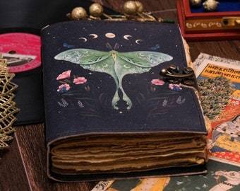 Blank Spell Book of Shadows Journal with Lock Clasp Vintage Handmade Leather Luna Moths and Morpho Butterfly Print Witchcraft Supplies 7x5''