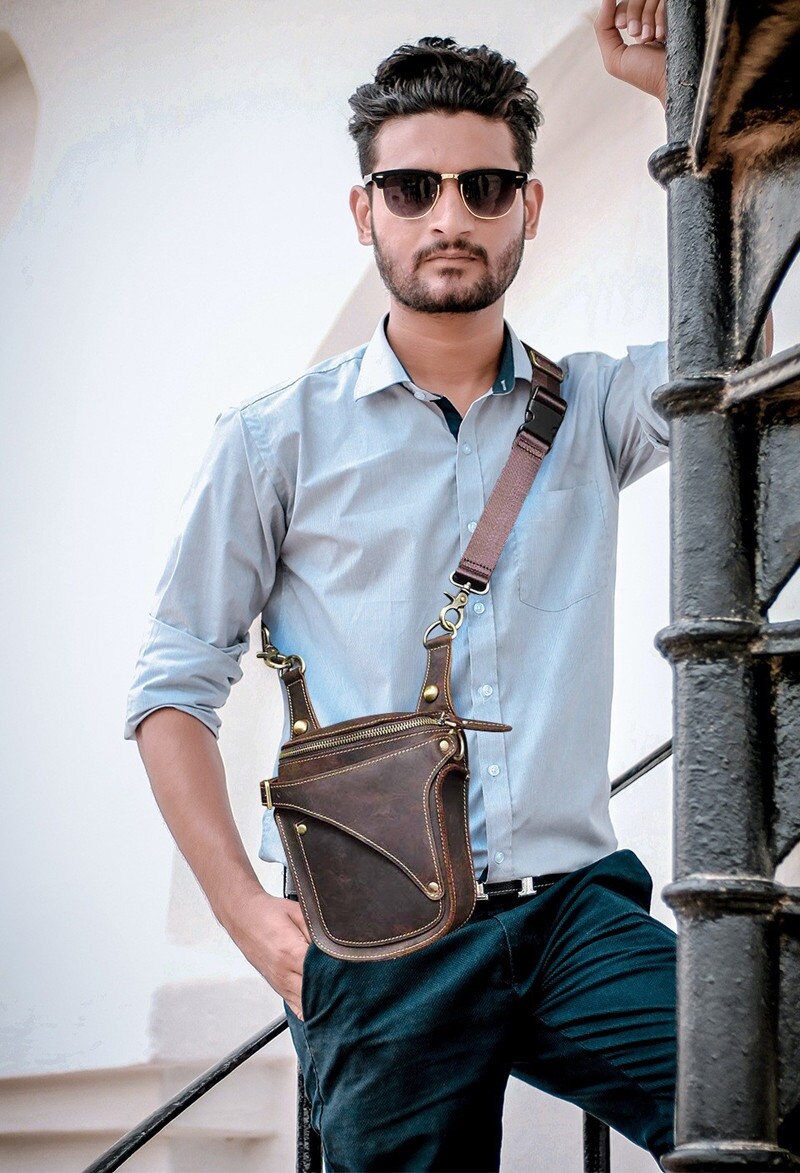 Handmade Man Steampunk Leather Biker Leg Bag Vintage Leather Etsy