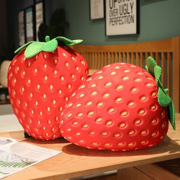 Oreiller souple en spandex de fraise 3D, oreiller aux fruits de dessin animé, oreiller Kawai, cadeau pour elle 35cm