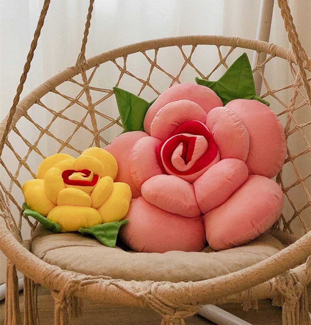 3D Rose Flower Pillow, Pink Rose Pillow, Flowers With Leaves Decorative