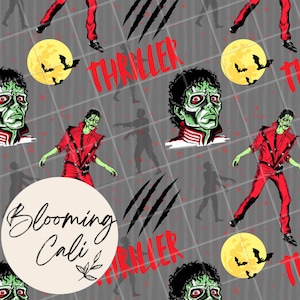 May include: A repeating pattern fabric featuring a zombie figure in a red jacket, a yellow full moon with black bats, and the red text THRILLER. The design includes black claw marks on a gray background with a grid of thin white lines.