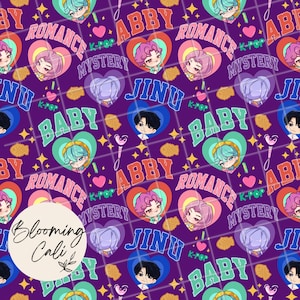 May include: A purple pattern featuring K-Pop themed illustrations. The design includes heart-shaped graphics with anime-style characters, text like "BABY", "ROMANCE", and "JINU", and the words "K-POP MYSTERY". The design also includes the text "Blooming Cali".