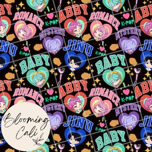 May include: A black patterned fabric featuring K-Pop themed graphics. The design includes heart shapes with anime-style characters, the words "Romance", "Baby", "Abby", and "Jinu", and the text "K-Pop Mystery". The fabric also has a grid pattern and the text "Blooming Cali".