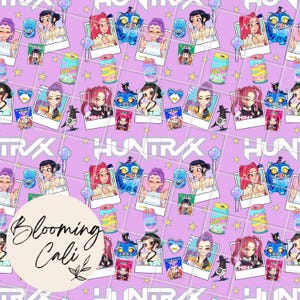 Puede incluir: Un patrón repetitivo sobre un fondo lila claro con ilustraciones de dibujos animados de mujeres, latas de refresco y otros gráficos. El texto "Blooming Cali" está en un círculo blanco. La palabra "HUNTRAX" también es visible.