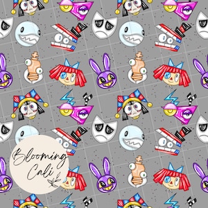 May include: A repeating pattern of cartoon characters and shapes in a variety of colors on a gray background. The pattern includes smiling faces, a purple rabbit, and a jester. The text "Blooming Cali" is in a white circle.