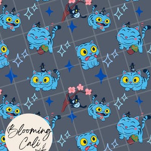 May include: A repeating pattern featuring cartoon blue cats with yellow eyes, wearing hats and holding objects. The background is a dark gray grid with star and diamond shapes. The text "Blooming Cali" is in a white circle.