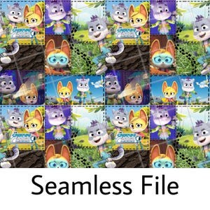 Peut inclure: Fichier sans couture présentant un motif répétitif de personnages de dessins animés de "The Creature Cases". Le motif comprend divers personnages d'animaux en tenues colorées, sur des fonds d'herbe et de ciel. Le texte "Seamless File" est en bas.