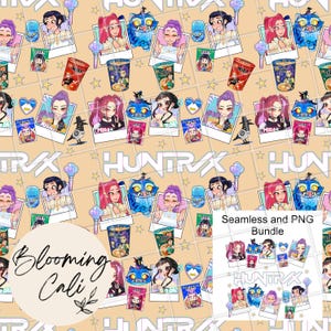 May include: A repeating pattern with anime-style illustrations, instant noodle cups, and other graphics. The design includes the text "Blooming Cali" and "HUNTRX". The color scheme is mainly beige, with pink, blue, and purple accents.