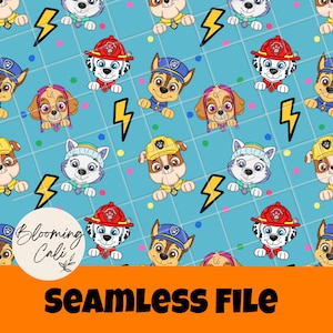 May include: A seamless digital pattern featuring cartoon dog characters from Paw Patrol, including Marshall, Chase, Skye, and Rubble, on a light blue grid background with yellow lightning bolts and colorful dots. The text Blooming Cali appears.