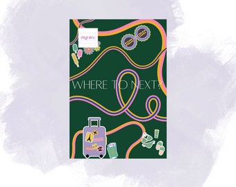 May include: A green background with pink and yellow lines and a purple suitcase with stickers. The text "Where to next?" is written in white.