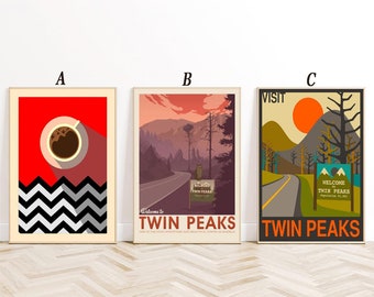 May include: Three retro-style posters for Twin Peaks, a fictional town in Washington state. The first poster features a red background with a cup of coffee and the iconic black and white chevron pattern. The second poster shows a scenic road leading to a sign that reads "Welcome to Twin Peaks". The third poster features a road winding through a forest with a red sun and the text "Visit Twin Peaks".