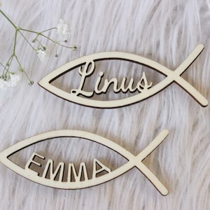 Personalized table decoration, baptism, confirmation, communion, wooden fish, name, guest gift