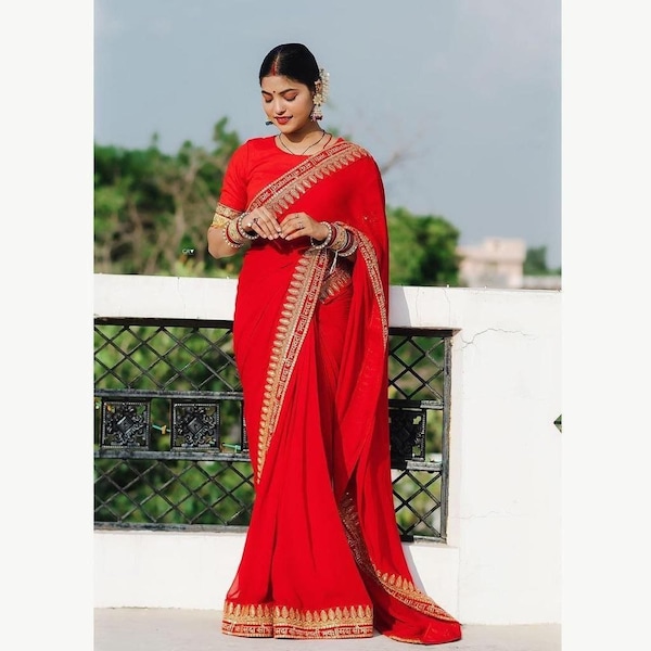 Red  Beautifully Designed Georgette 1 Min Ready To Wear Saree, Stitched saree, Pre Stitch Saree, Ready To Wear Saree, Saree For USA.