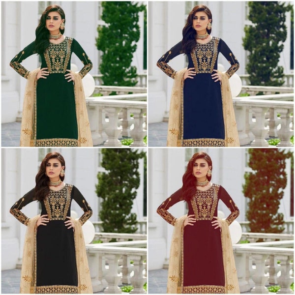 Traditional Designer Partywear Heavy Work Kurta Sharara & Dupatta set, 3 pc Embroidered Salwar Kameez Readymade Dresses, Wedding Wear