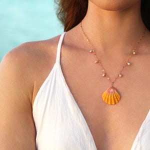 Hawaiian Sunrise Shell Necklace • Seashell and Pearl Handmade Necklace • Gifts For Her • 14k Gold Filled • Unique Beach Inspired Jewelry