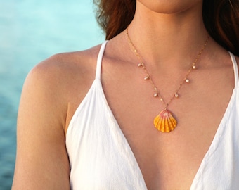 Hawaiian Sunrise Shell Necklace • Seashell and Pearl Handmade Necklace • Gifts For Her • 14k Gold Filled • Unique Beach Inspired Jewelry