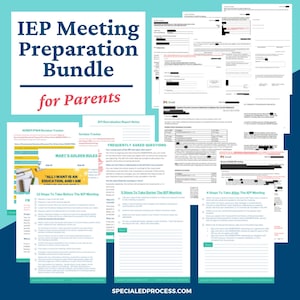 May include: A printable IEP Meeting Preparation Bundle for parents. The bundle includes a checklist of steps to take before, during, and after the IEP meeting, a revision tracker, and frequently asked questions. The text "Mary's Golden Rules" is visible on the page.