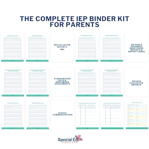 May include: A printable binder kit for parents of children with Individualized Education Programs (IEPs). The kit includes forms for tracking therapy services, reevaluation reports, standardized tests and benchmark assessments, private evaluation reports, IEP goals and progress monitoring reports, and school communications.