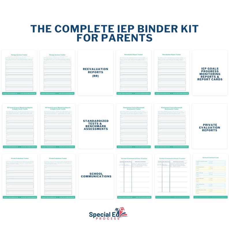 May include: A printable binder kit for parents of children with Individualized Education Programs (IEPs). The kit includes forms for tracking therapy services, reevaluation reports, standardized tests and benchmark assessments, private evaluation reports, IEP goals and progress monitoring reports, and school communications.