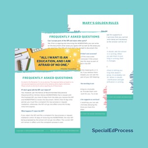 May include: Two pages of information about the Individualized Education Program (IEP) process. The first page has a quote from Malala Yousafzai: "All I want is an education, and I am afraid of no one." The second page has a section titled "Mary's Golden Rules" with a rule about asking for support or services.