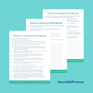 May include: A checklist of steps to take before, during, and after an Individualized Education Program (IEP) meeting. The checklist is divided into three sections: 12 steps to take before the meeting, 5 steps to take during the meeting, and 4 steps to take after the meeting. The checklist is titled "SpecialEdProcess".