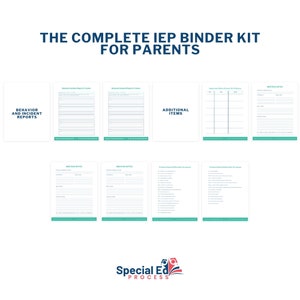 May include: A printable IEP binder kit for parents, with a blue and green color scheme. The kit includes forms for behavior and incident reports, meeting notes, additional items, and common special education acronyms.