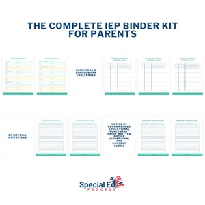 May include: A printable binder kit for parents of children with Individualized Education Programs (IEPs). The kit includes forms for tracking homework and schoolwork challenges, IEP meeting invitations, and notices of recommended educational placement and prior written notices.