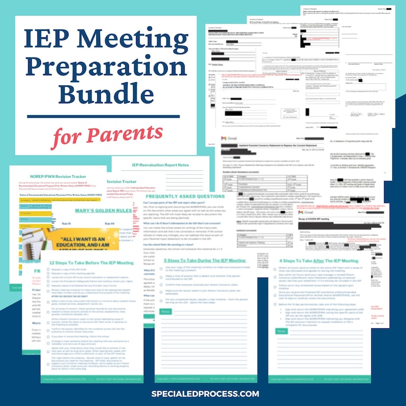 May include: A printable IEP Meeting Preparation Bundle for parents. The bundle includes a checklist of steps to take before, during, and after the IEP meeting, a revision tracker, and frequently asked questions. The text "Mary's Golden Rules" is visible on the page.