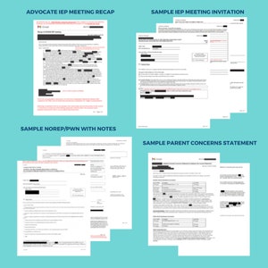 May include: Four pages of documents with the titles "Advocate IEP Meeting Recap", "Sample IEP Meeting Invitation", "Sample NOREP/PWN with Notes", and "Sample Parent Concerns Statement".