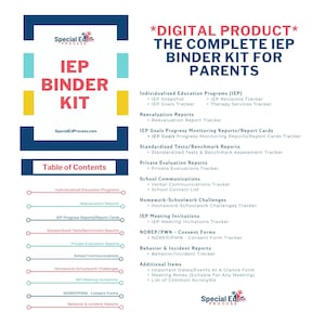 May include: A digital IEP binder kit for parents, featuring a teal, yellow, and blue design. The kit includes trackers for IEP goals, reevaluation reports, and school communications. The text "Special Ed Process" is visible.