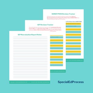 May include: A printable worksheet with a yellow and blue color scheme. The worksheet is titled "NOREP/PWN Revision Tracker" and "IEP Revision Tracker". The worksheet is designed to help track revisions to educational programs.