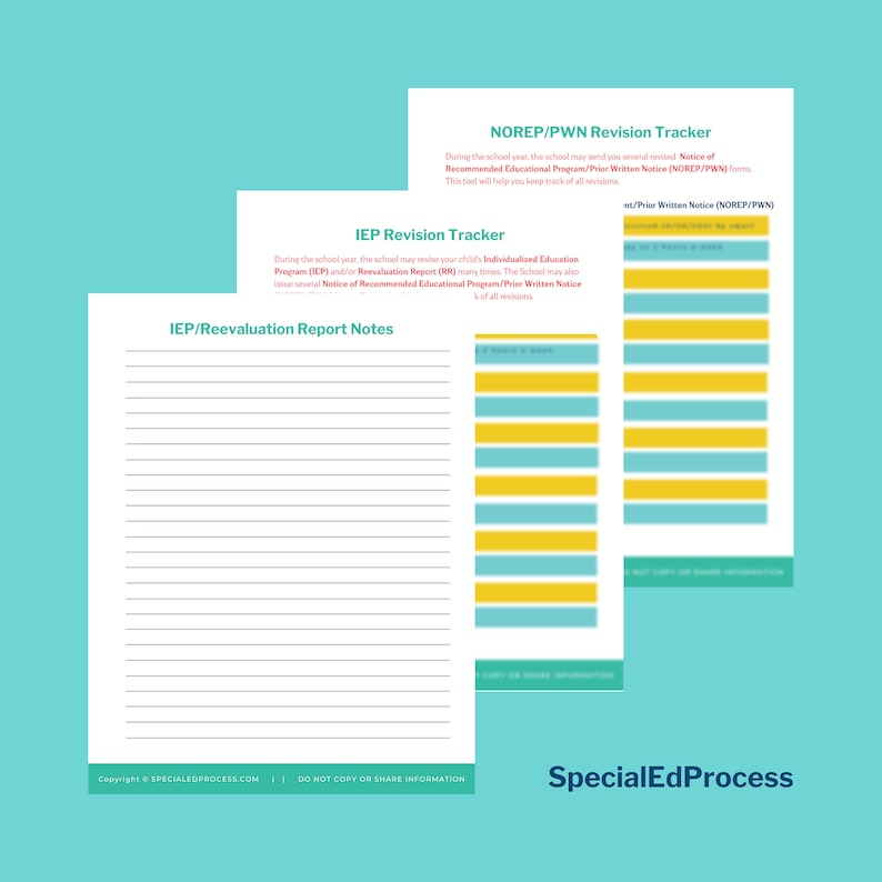 May include: A printable worksheet with a yellow and blue color scheme. The worksheet is titled "NOREP/PWN Revision Tracker" and "IEP Revision Tracker". The worksheet is designed to help track revisions to educational programs.